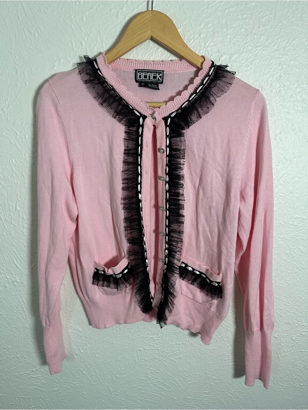 Berek Cardigan Sweater Womens Medium Pink Black Tulle Trim Embellished Boutique